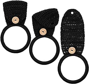 Tatuo 3 Pieces Crochet Dish Towel Holder Hanging Hand Towels Ring Towel Holder for Kitchen Towels with Loop Bathroom Towel Hanger for Housewarming (Black)