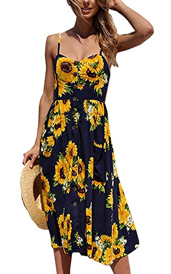 Myobe Women's Summer Dresses Sunflower Spaghetti Strap Buttono Backless Floral Midi Dress with Pockets