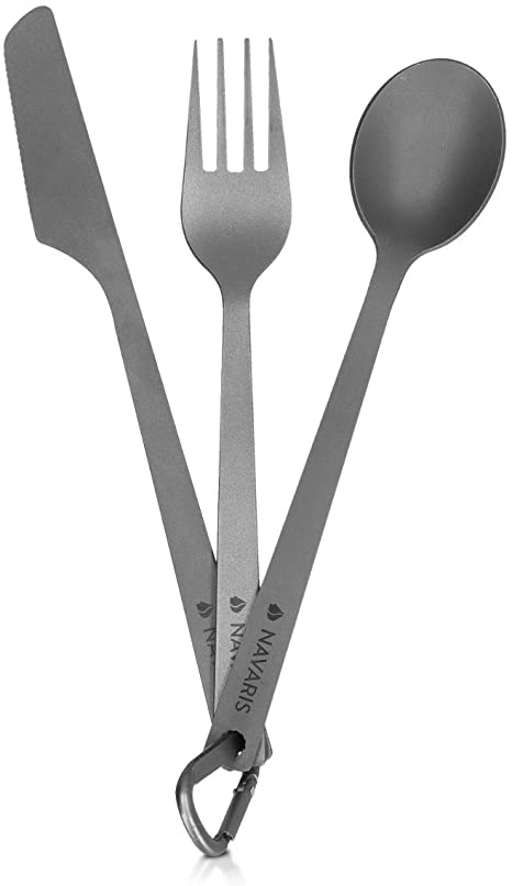 Navaris Titanium Camping Cutlery Set - Lightweight Camping Cutlery for One - Knife, Fork and Spoon Set with Carabiner and Bag for Hiking and Travel