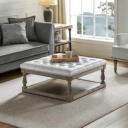 HULALA HOME Large Leather Square Ottoman Coffee Table with Storage, Button Tufted White Cocktail Ottoman with Shelf & Solid Wood Legs, Upholstered Farmhouse Footrest Ottoman for Living Room