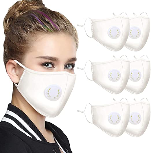 6 Pcs White Washable Reusable Cotton Mask with Breath Valves, Unisex-adult Face Protection from Dust Pollen Pet Dander