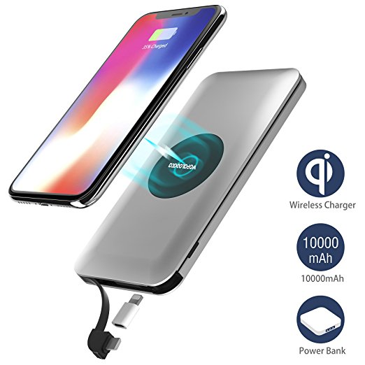 Wireless Charger Power Bank, Qi Wireless Charging 10000mAh External Battery Pack with Built in Micro Cable and Lightning Adapter for iPhone X,iPhone 8/8 ,Samsung Galaxy Note 8/ S8,HTC, LG and other Qi-enabled Devices