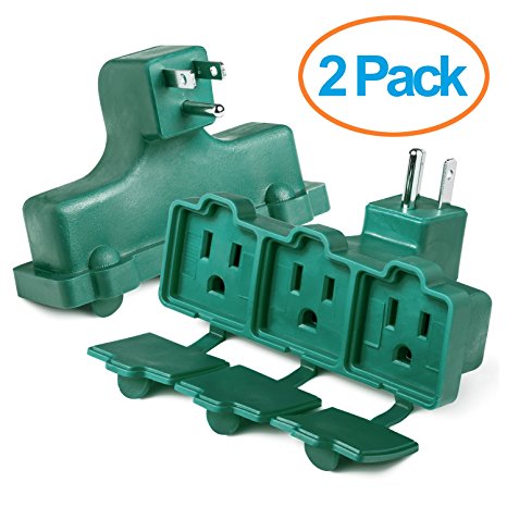 ClearMax 3 Outlet Heavy Duty Indoor Outdoor Power Splitter with Outlet Covers (Green - 2 Pack)