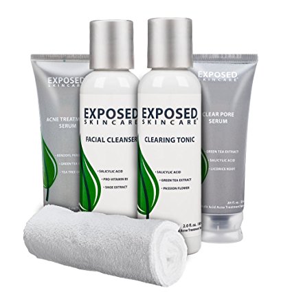 Exposed Acne Treatment Kit: 30 day Travel Kit with Benzoyl Peroxide and Salicylic Acid by Exposed Skin Care; Cleanser Toner and Dual Serums