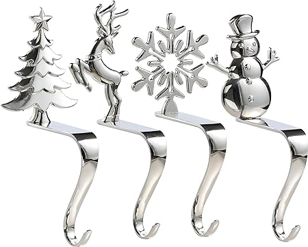 Christmas Stocking Holder - Set of 4 Bronze Stocking Hangers Snowman Santa Snowflakes Christmas Tree Deer Christmas Stocking Hooks Christmas Decoration for Fireplace, Shelf,Staircases