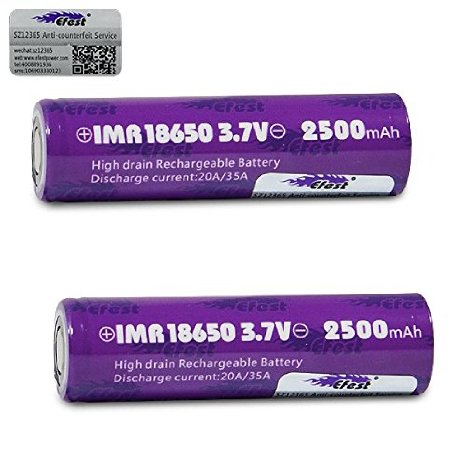2 Efest Purple IMR 18650 35A 2500mAh 37v Rechargeable Flat Top Batteries