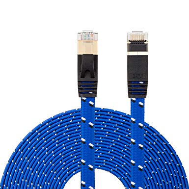 CAT 7 Ethernet Cable,CAT7 Ethernet Ultra Flat Patch Cable for Modem Router LAN Network - Built with Gold Plated & Shielded RJ45 Connectors and Nylon Braided Jacket, 50 Ft Black &Blue