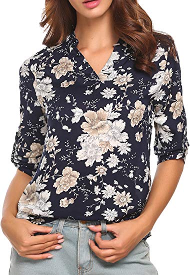 Beyove Women's Floral Printed V Neck High Low Hem Blouse Top