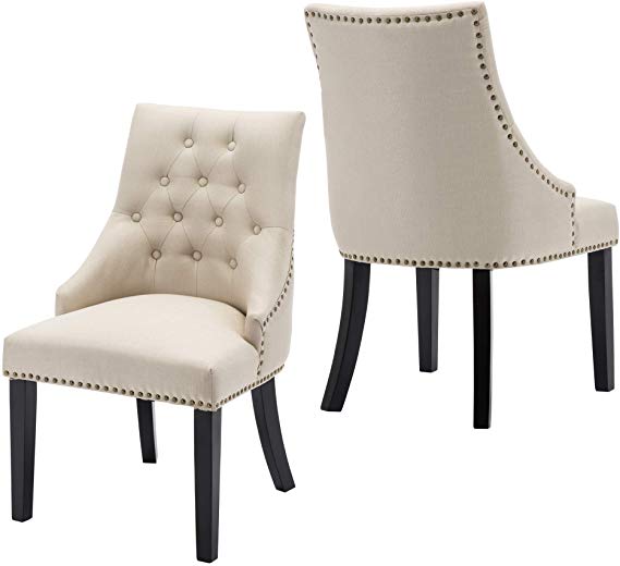 LSSBOUGHT Set of 2 Fabric Dining Chairs Leisure Padded Chairs with Black Solid Wooden Legs,Nailed Trim,Beige
