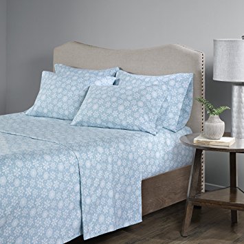 Comfort Spaces - Ultra Soft And Cozy Printed Snowflake 100% Cotton Flannel Sheet Set - 4 Piece - Twin - Blue - Includes 1 Fitted Sheet, 1 Flat Sheet and 2 Pillow Cases