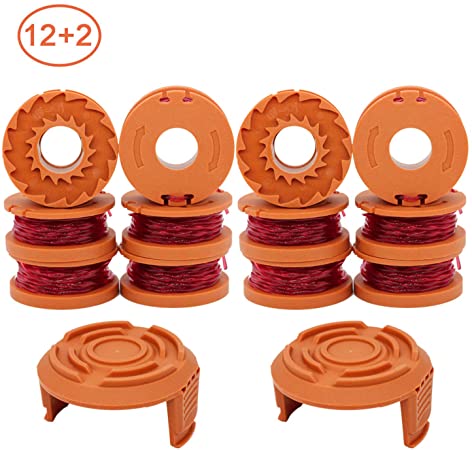RONGJU 12-Pack Replacement Trimmer Spool Line for Worx WA0010 WG180 WG163 WG175 Electric Trimmer/Edger Weed Eater Line 10ft 0.065 ”  2 Pack Spool Cap Covers (12 Spools, 2 Caps)