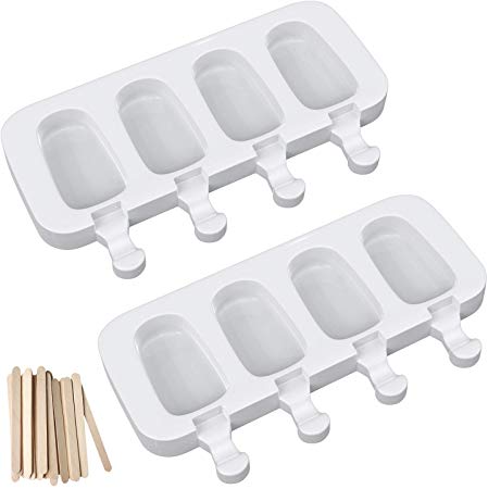 Ouddy Popsicle Molds Set of 2, Silicone Ice Pop Molds 4 Cavities Homemade Ice Cream Mold Oval with 50 Wooden Sticks for DIY Ice Cream