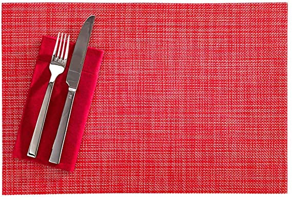 Carmel Mesh Red Vinyl Woven Placemat - with Khaki Threads - 16" x 12" - 6 count box - Restaurantware