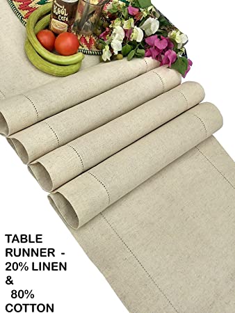 Linen Clubs - Flax Cotton Linen Looks Table Runner - Size 16x72 Natural - Hand Crafted and Hand Stitched Table Runner with Hemstitch Detailing