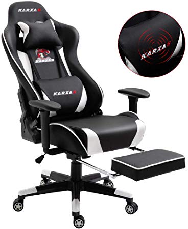 KARXAS Ergonomic Gaming Chair High-Back Racing Style Gamer Chair PU Leather Height Adjustable Computer Desk Chair with Massage Lumbar Recliner Footrest and Headrest (White)