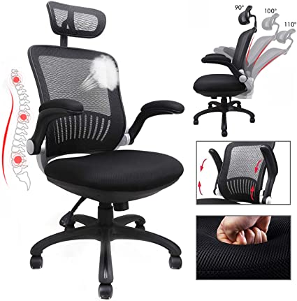 Ergousit Ergonomic Office Chair High-Back Fabric seat Breathable High-Density Mesh Desk Chair with Flip-Up Armrest Rotate Headrest Back Support Task Chair,Black(300lbs)