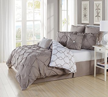 Ruthy's Textile 3 Piece Pintuck Printed Reversible Duvet Cover Set, Duvet Cover with 2 Pillow Shams- Luxurious, Comfortable, Breathable, Soft (Full/Queen, Taupe)