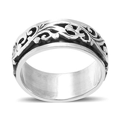 Mens Womens Spinner Band Ring 925 Sterling Silver Statement Boho Handmade Jewelry for Women Moon Star Celtic Floral Cross Fleur Di Luis