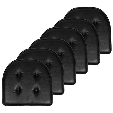 Sweet Home Collection Chair Cushion Memory Foam Pads Upholstered Tufted U Shaped Non-Slip Back 17" x 16" Seat Cover, 6 Pack, Faux Leather Black