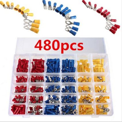 480pcs Electrical Connectors, Sopoby Mixed Assorted Lug Kit Insulated Spade Wire Connector Crimp Terminal Spade Ring Set