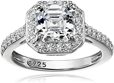 Platinum or Gold Plated Sterling Silver Asscher-Cut Halo Ring Set with Swarovski Zirconia