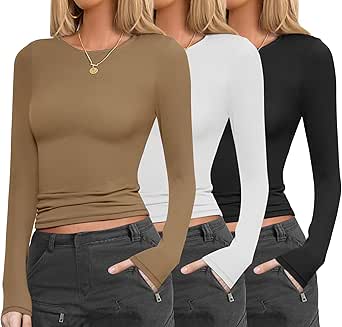 Ekouaer Womens 3 Pack Long Sleeve Shirts Fitted Tops Crop Trendy Layering Tight Basic Thermal Tee XS-XXL