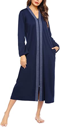 Ekouaer Women Zip up Robe Lightweight Housecoat Full Length Nightgown Long Sleeve Loungewear