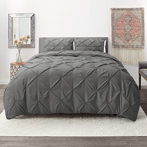 Nestl Bedding 3 Piece Pinch Pleat Duvet Cover Set | Gray Duvet Cover with 2 Pillow Shams |Microfiber King Duvet Cover Set