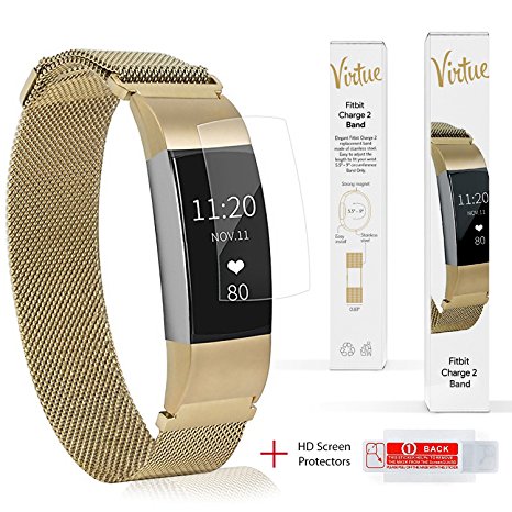 Virtue Fitbit Charge 2 Bands Rose Gold Milanese Loop Stainless Steel Metal Bracelet Strap Wristbands Accessories for Fitbit Charge 2 HR Fitness Tracker Large Small   Fitbit Charge 2 Screen Protector