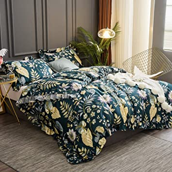 Softta California King Bedding Floral Shabby and Elegant Ruffle Duvet Cover 3Pcs Tropical Plam Leaves Duvet Covers Set Teal Purple Yellow Colorful 100% Egyptian Cotton 800 TC Hidden Zipper Closure