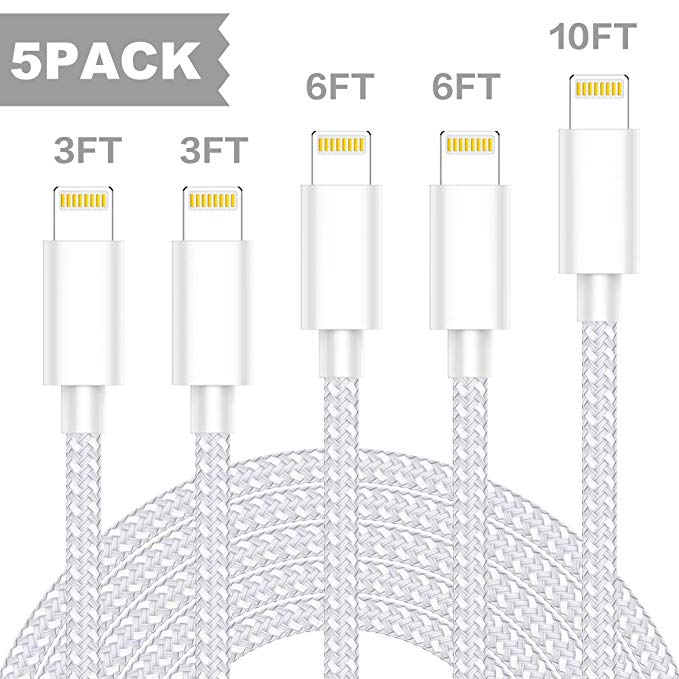 KRISLOG MFi Certified Lightning Cable,iPhone Charger(3/3/6/6/10ft) High Speed Nylon Braided USB Fast Charging&Data Syncing Cord Compatible iPhone Xs MAX XR 8 8 Plus 7 7 Plus 6s 6s Plus-5Pack