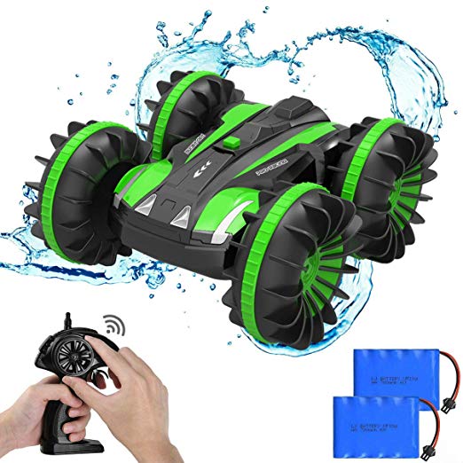 Ratoys Waterproof RC Cars 4WD, Remote Control Car Boat Truck 2.4Ghz Double Sided Amphibious Vehicles Toys for Kids, Green