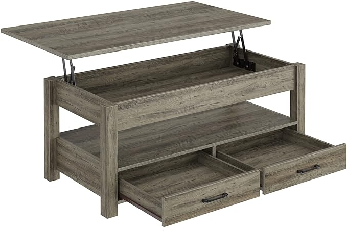 Rolanstar Coffee Table, 47" Lift Top Coffee Table with Drawers and Hidden Compartment, Retro Central Table with Wooden Lift Tabletop, for Living Room,Washed Oak