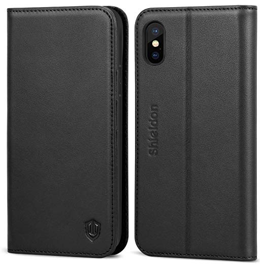 iPhone Xs Case, SHIELDON Genuine Leather iPhone Xs Wallet Folio Case with Auto Sleep/Wake Function, Magnetic Closure, RFID Blocking Card Slots, Soft Back Cover Compatible with iPhone Xs (2018) - Black