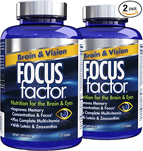 Focus Factor Brain and Vision Supplement, 120 Count - Eye Vitamin and Mineral Supplement w/Lutein and Zeaxanthin – Brain Supplement for Focus, Concentration, Memory (2 Pack)