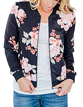 ChainJoy Women Floral Print Zipper Jacket Classic Long Sleeve Fall Short Bomber Jacket Coat