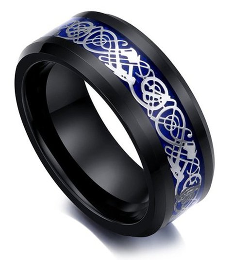 King Will Mens 8mm Black Tungsten Carbide Ring Blue Carbon Fiber Celtic Dragon Wedding Band