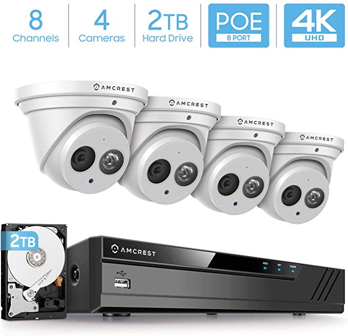 Amcrest 4K Security Camera System w/ 4K 8CH PoE NVR, (4) x 4K (8-Megapixel) IP67 Weatherproof Metal Turret Dome POE IP Cameras (3840x2160), Pre-Installed 2TB HDD, NV4108E-IP8M-T2499EW4-2TB (White)