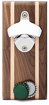 Nason's of Maine Beer Bottle Opener and Magnetic Bottle Cap Catcher, Wall Mounted or Magnetically Mounted, Catch Over 65 Bottle Caps (Walnut with Maple Inlays)