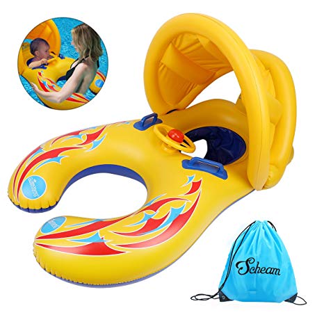 Scheam Mother and Baby Pool Float Double Person Swimming Ring with Removable Canopy and Storage Bag