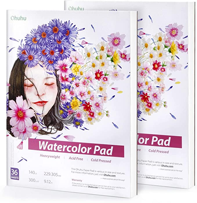 Watercolor Paper 2 Packs Ohuhu Water Color Paper 300 GSM/140 LB Drawing Paper Painting Paper Watercolor Papers Watercolour Paper for Marker Acrylic Watercolor Pen Pencil Painting, 36 Sheets/72 Pages, 304mm*228mm