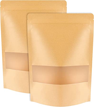 100 Pcs Kraft Stand Up Pouches - 7.1 x 10.2 Inch Resealable Zip Lock Food Storage Bags with Matte Window for Packaging