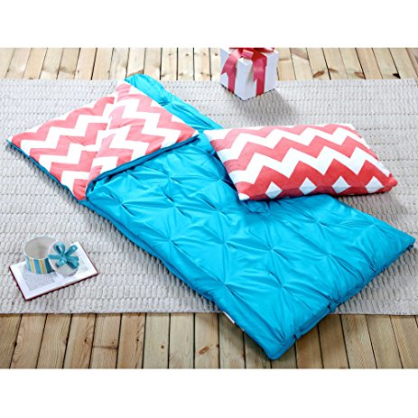 Sleeping Bag and Pillow Cover, Blue Coral Chevron Indoor Outdoor Camping Youth Kids Girls