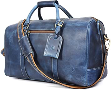 Leather Travel Duffle Bag | Gym Sports Bag Airplane Luggage Carry-On Bag | Gift for Father's Day By Aaron Leather (Blue)