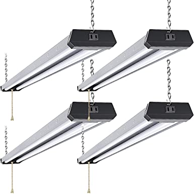 4 Pack 4FT Industrial LED Shop Light, Linkable Utility Shop Lights, 42W, 5000K Daylight White for Garages, Workshops, Basements, Hanging or FlushMount, with Power Cord and Pull Chain, ETL