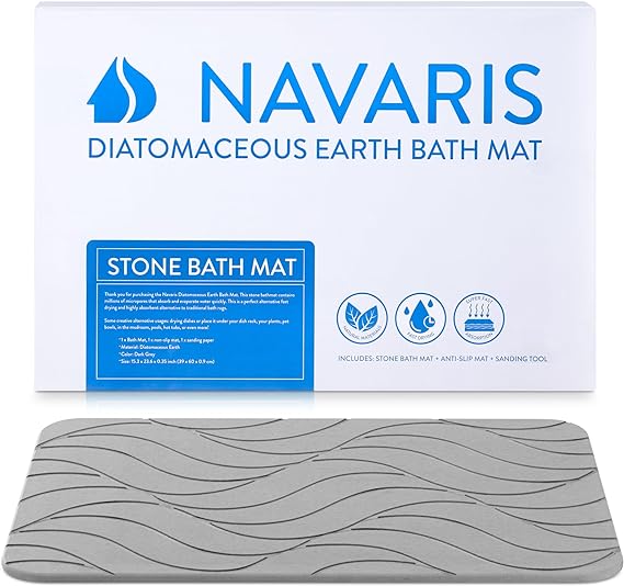 Navaris Tapis de Bain diatomite - Tapis en Terre de diatomée 60 x 39 x 0,9 cm antidérapant Absorbant séchage Rapide pour Sol Salle de Bain Douche - Tapis Gris foncé