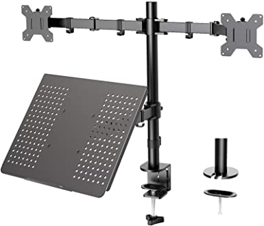 Dual Monitor with Laptop Stand - Height Adjustable Dual Monitor Mount with Laptop Tray Fit Two 13 to 27 Inch Flat Curved Computer Screens and 10 to 17 Inch Notebooks