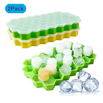 Ice Cube Trays with Lids,2 Pack Food Grade Silica Gel Flexible 74 Ice Trays with Spill-Resistant Removable Lid,BPA Free Ice Cube Molds for Whiskey Storage,Cocktail,Beverages(Green&Yellow)