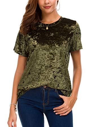 Urban CoCo Women's Crew Neck Velvet Top Short Sleeve T-Shirt