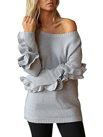 Simplee Apparel Women's Autumn Winter Loose Long Sleeve Ruffles Sweater Pullover